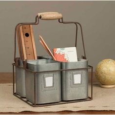 Four Tin Organizer with Handles - D&J Farmhouse Collections Metal Caddy, Tin Pots, Kids' Desk, Tin Containers, Rustic Farmhouse Style, Furniture Outlet, Galvanized Metal, Rustic Furniture, Desk Organization