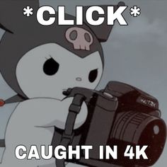 a cartoon penguin holding a camera with the caption saying, click caugh in 4k