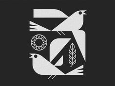 two birds sitting on top of a black and white logo with wheat in the middle