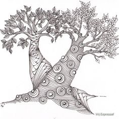 a drawing of a heart shaped tree with swirls and leaves on the branches, in black and white