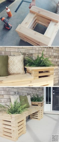 three different pictures of outdoor furniture made out of pallets and wooden crates with plants in them