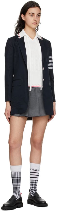 SSENSE 折扣季 | Thom Browne 海军蓝 Unconstructed Elongated Sport 西装外套 加入折扣 Blazer Women, Cotton Polo, Thom Browne, Knit Cotton, Lapel Collar, Sport Coat, Luxury Streetwear, Sleeve Cotton, Welt Pocket