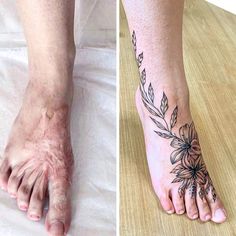 two pictures one with a flower on the left and another with a tattoo on the right