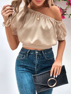 Champagne Casual Collar Short Sleeve Satin Plain Top Embellished Non-Stretch  Women Clothing Crop Top En Satin, Satin Crop Top Outfits, Satin Tops For Women, Blusas Satin, Diy Gown, Satin Crop Top, Dress Design Sketches, Stylish Blouse Design