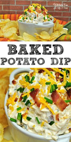 baked potato dip with bacon, cheese and green onions in a white bowl surrounded by chips