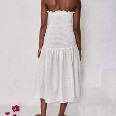 An Embroidered Cotton, Midi-Length Skirt With Smocking Detail. The Amorgos Can Also Be Styled As A Strapless Dress. Composed Of: 100% Cotton - Slips On Overhead - Fits True To Size New With Tags. Size Small. Off White Color. White Smocked Dress With Tiered Skirt, White Fitted Smocked Dress With Tiered Skirt, White Dresses With Smocked Back And Tiered Skirt, White Tiered Dress With Smocked Back, Fitted Midi Skirt For Vacation, Chic White Skirt With Smocked Back, Flowy Smocked Midi Dress, White Smocked Back Skirt For Summer, Fitted Tiered Skirt Dress For Beach