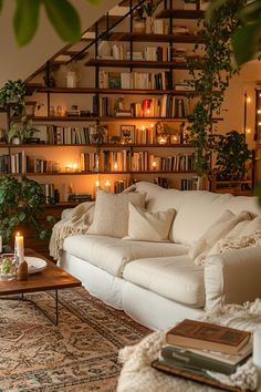 a living room filled with lots of furniture next to a book shelf full of books