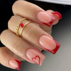 Red Nails Valentines Day Simple, Red French Tip With Heart On Ring Finger, Valentines Day Square Nails, Short Square Nail Designs Valentines, Red Square Nails Short, Square Nail Designs Red, Valentine Nails Square, Red And White Valentines Day Nails, Cute Valentines Nail Ideas