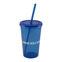 a blue tumbler cup with a straw in it and the words prime solution printed on the side