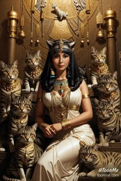 an egyptian woman surrounded by cats