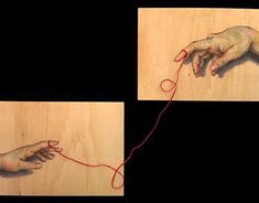 two pictures of hands with red yarn on them, and one showing the creation of a human hand