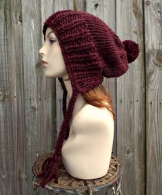 Chunky Knit Hat Mens Hat Womens Hat Winter Hat Pom Pom Hat Slouchy Beanie Hat Burgundy Hat Burgundy Beanie Hat - Charlotte Claret Slouchy Beanie Outfit, Red Beanie Aesthetic, Slouchy Winter Beanie Bonnet, Red Crochet Winter Hat, Red Slouchy Winter Hat, Brown Slouchy Hand-knitted Crochet Hat, Slouchy Winter Hat, Burgundy Hat, Knit Slouchy Hats