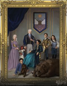 an oil painting of a family posing in front of a large bear and other people