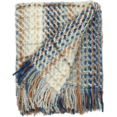 a multicolored blanket with fringes on the bottom and one blue, white, brown