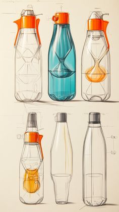 a drawing of different types of bottles with lids on each one and an orange top