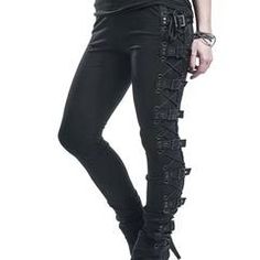 High Waist Pants Plus Size, Steampunk Mode, Plus Size Trousers, Gothic Mode, Celana Fashion, Gothic Leggings, Buckle Pants, Goth Outfit, Lace Up Leggings