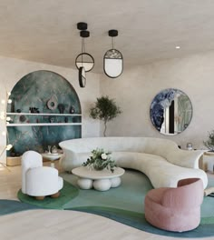 a living room filled with furniture and mirrors