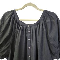 Really cute button down shirt that is sightly cropped and very lightweight and flowy. One button closure on the back of the sleeve. Button down closure and this is a bit sheer so you may need to wear a cami, tank or black bralette underneath. Pair with shorts or jeans.NOTE that preloved pieces may have changed in size with wash and wear so please check approximate measurements for current size and fit.Size: Womens XLApproximate Measurements Lying Flat:Bust 26 in / 66 cmWaist 29 in / 74 cmLength 22 in / 56 cmCondition: New With TagsAll pieces are stored in a smoke-free, pet-free environment. If flaws are identified on the item, this will be disclosed in the description. Thank you for shopping with The Untamed Thread! Black Button-up Tops With Covered Buttons, Dark Wash Button-up Tops With Pockets, Black Button-up Cotton Camp Shirt, Washed Black Cotton Button-up Top, Washed Black Button-up Shirt With Pockets, Black Bralette, Cotton Viscose, Madewell, Bralette