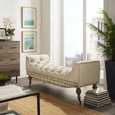 a living room filled with furniture and a tall plant on top of a wooden table