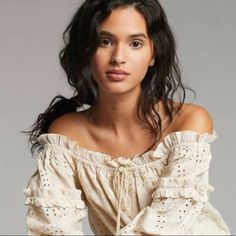 You’ll Be Festival Ready In This Beautiful Anthropologie Jane Smocked Eyelet Top. Feminine Off-shoulder Peasant Top, Beige Smocked Bodice Blouse, Bohemian Smocked Top For Spring, Beige Blouse With Smocked Bodice, Summer Feminine Off-shoulder Peasant Top, Peasant Style Blouse For Day Out, Casual Off-shoulder Blouse For Daywear, Beige Smocked Top For Spring, Spring Peasant Off-shoulder Blouse