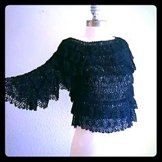 Stunning Boho Black Crocheted Top Fluttery Layered Ruffles See Through New With Tag By Vintage Rose Size Sm Satin Long Sleeve Top, Black Crochet Top, Cowl Neck Shirt, Sheer Long Sleeve Top, Black And White Tuxedo, Flounce Top, Floral Knit, Satin Long Sleeve, Evening Tops