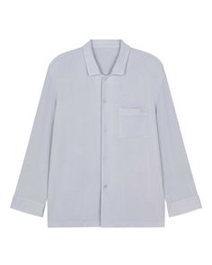 flat lay image of blue pajama button up shirt Relaxed Fit Long Sleeve Tops For Pajama Party, Relaxed Fit Collared Sleepwear For Lounging, Blue Relaxed Fit Shirt For Loungewear, White Camp Collar Shirt For Loungewear, White Relaxed Fit Shirt For Loungewear, Cozy Pajamas, Restful Sleep, Pajama Shirt, Lay Flat