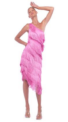 FRINGE ONE SHOULDER DRESS – Candy Pink – Norma Kamali Pink Flapper Dress, Costume Inspirations, Spring 2023 Ready To Wear, 2023 Ready To Wear Collection, Mannequin Dress, 2023 Ready To Wear, Expensive Clothes, Norma Kamali, Spring 2023