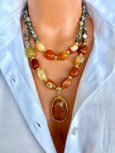 Agate and Jasper Layered Necklace with Agate Pendant This elegant necklace set is a great gift for yourself and your loved ones. Made from natural crystal beads. All metal ornaments are gold plated and won't get darker in time! FREE SHIPPING - All orders get shipped within 1-2 business days. - 5-10 days of delivery time Returns are allowed 14 days after the delivery, however, the cost of delivery lies on the buyer. For more bracelets and necklaces!: https://finecrystalsdesign.etsy.com How to care for your necklace: * Avoid getting moisture, alcohol and perfume, if you do please dry the product with clean cloth. Please take off your necklace before swimming or taking shower. Elegant Agate Crystal Necklace With Faceted Beads, Elegant Carnelian Beaded Necklace As A Gift, Long Crystal Necklace With Stones As Gift, Elegant Carnelian Beaded Necklace For Gifts, Long Crystal Necklaces As Gift, Long Crystal Necklaces For Gifts, Spiritual Faceted Beads Necklace For Gift, Carnelian Gemstones As Gifts, Agate Stone Necklaces As A Gift