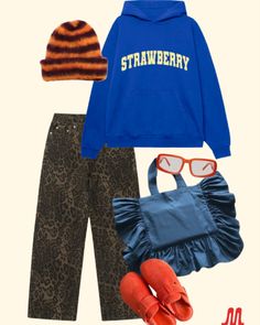 a bright blue hoodie with cheetah print pants, orange accents and a frilly bag Orange And Blue Outfit, Vintage Shirt Design, Dressed To The Nines, Streetwear Fashion Women, Oui Oui