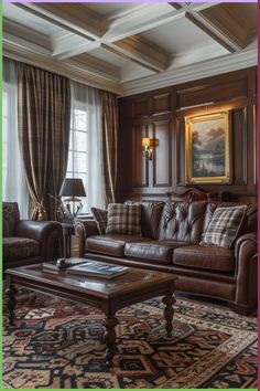 a living room with leather furniture and rugs