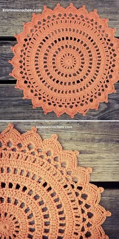 crocheted doily is shown in two different colors, one orange and the other pink