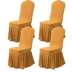 four yellow chairs with pleated covers on them