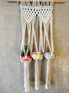 macrame hanging on the wall with three small pots and plants in each one