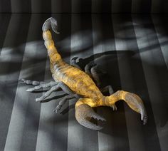 a yellow and black toy lizard laying on top of a bed next to it's shadow