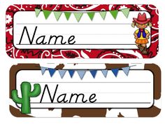 two name tags with cactus and cowboy theme