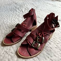 Free People Red Leather Gladiator Sandal. Size 38. Never Worn, Excellent Condition Red Flat Sandals With Buckle Closure, Red Sandals With Buckle Closure For Spring, Casual Red Leather Sandals, Red Flat Heel Sandals With Buckle Closure, Leather High Heel Sandals For Festivals, Trendy Red Sandals With Buckle Closure, Trendy Red Leather Sandals, Closed Toe Sandals With Buckle Closure For Festivals, Burgundy Leather Open Toe Sandals