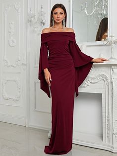 Color: BurgundyStyle: ElegantPattern Type: PlainDetails: Ruched, Draped, ZipperNeckline: Off the ShoulderType: BodyconSleeve Length: Long SleeveSleeve Type: Flare SleeveWaist Line: High WaistHem Shaped: MermaidLength: MaxiFit Type: Regular FitFabric: Slight StretchMaterial: FabricComposition: 95% Polyester, 5% ElastaneCare Instructions: Hand wash,do not dry cleanSheer: No Formal Sheath Maxi Dress With Ruched Detail, Ruched Long Sleeve Dresses For Banquet, Ruched Maxi Evening Dress For Dinner, Long Sleeve Ruched Dresses For Banquet, Fall Evening Maxi Dress With Gathered Sleeves, Fitted Long Sleeve Ruched Evening Dress, Off-shoulder Ruched Dinner Dress, Long Sleeve Ruched Evening Dress, Formal Ruched Draped Maxi Dress