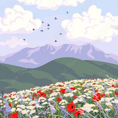 a painting of flowers and mountains in the background with birds flying over them on a sunny day