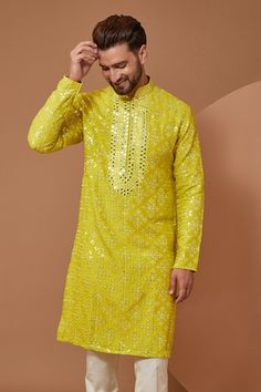 Buy Green Pure Satin Georgette Hand Embroidered Zari V Neck Lime Kurta Set For Women by Bhawna Sethi Online at Aza Fashions. Mirrorwork Embroidery, Haldi Outfits, Silk Kurta, Yellow Silk, Fabric Silk, Thread Work