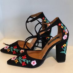 ***Size 7*** 5 Star Rated Beautiful Embroidered Flowers In A Black Velvet Background They Look Amazing With Jeans Dresses Skirts. So Pretty! Pretty Ties Heel Height 4 Inches Size 7 8 3/4 Inches Length From Top Of Shoe To Back Of Heel And 3 1/8 Inches At Widest Part Of Foot Perfect Year Round Tags: Kate Spade Neiman Marcus Anthropology J Crew These Shoes Get A Ton Of Compliments! Embroidered Fitted High Heels, Spring Embroidered Fitted Heels, Spring Floral Embroidered Block Heels, Embroidered High Heels, Party Heels With Floral Embroidery And Round Toe, Floral Embroidered Fitted High Heels, Floral Embroidery Heels For Summer, Summer Floral Embroidered Heels, Fitted Floral Embroidered High Heels