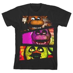 an image of five different cartoon characters on a black t - shirt with brick wall in the background