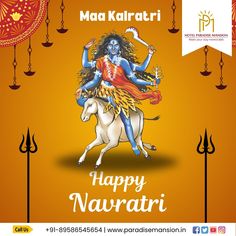 happy navratii greeting card with lord maa kartari on yellow background