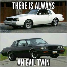 two pictures of an old car with the caption, there is always an evil twin