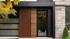 the front door of a modern home with wood and glass panels on the outside wall