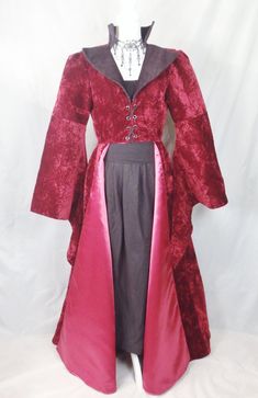 Burgundy Velvet Women's Renaissance Once Upon a Time | Etsy Trumpet Sleeve, Nape Of Neck, Dress History, Women's Costumes, Floor Length, Bodice, Velvet, Long Sleeve Dress, Lace