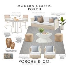 the interior design board for a modern classic porch with white furniture and neutral colors, including beige