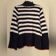 New With Tags- Cozy Sweater With Red Stripe On Arm Cuff And On Waist Nautical Cotton Tops For Fall, Nautical Long Sleeve Sweater For Fall, Nautical Long Sleeve Sweater For Winter, Navy Stripe Sweater, Black And Blue Striped Sweater, Womens Black And White Striped Sweater, Red And Black Striped Sweater, Khaki Cardigan, Marine Stripe Sweater