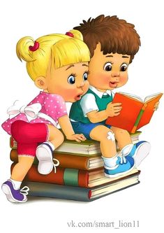 two children are sitting on top of books and one is looking at the book he is reading