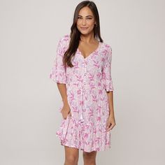 Find your new beach and poolside style for summer with this Women's J. Valdi Button Down V-Neck Swim Cover-Up Ruffle Dress.Click on this WOMEN'S GUIDE to find the perfect fit and more! Find your new beach and poolside style for summer with this Women's J. Valdi Button Down V-Neck Swim Cover-Up Ruffle Dress.Click on this WOMEN'S GUIDE to find the perfect fit and more! FEATURES V-neck Elbow-length ruffle sleeves 4-button front Ruffled hem Woven soft-feeling constructionFIT & SIZING 35-in. length f Spring V-neck Swim Dress For Beachwear, Beachy V-neck Swimwear For Spring, Summer V-neck Swimwear For Spring, Beachy V-neck Swim Dress For Vacation, Casual Pink V-neck Swimwear, Beachy V-neck Swim Dress For Beach Party, Spring Beachy V-neck Swim Dress, Beachy V-neck Swim Dress For Spring, Casual Short Sleeve Swim Dress For Poolside