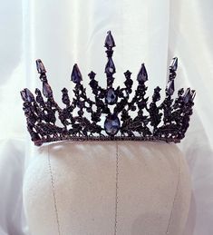 Beautiful vintage inspired black rhinestone Victorian crown with Austrian crystals. Perfect for a special occasion. Black Crowns Queens, Black Luxury High Crown Costume Headpiece, Black Vampiric Tiara, Black Crown Cheap, Luxury Black Headpiece With Pinched Crown, Full Black Crown, Evil Crown Quinceanera, Black And Blue Crown, Black And Purple Crown